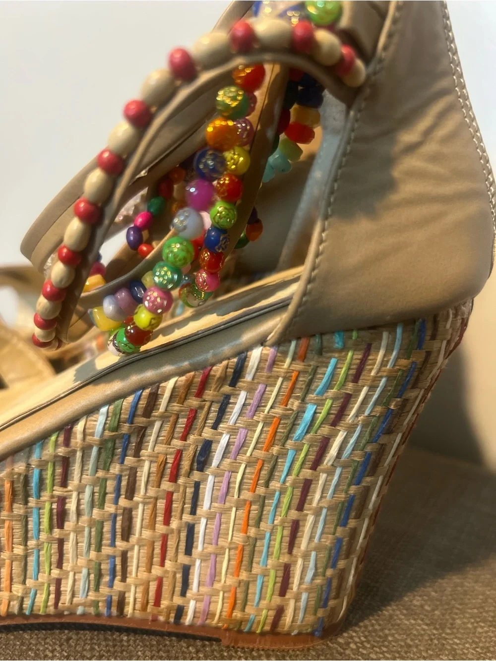Getmorebeauty Women’s Tan Wedge Sandals with Multicolor Beaded Straps